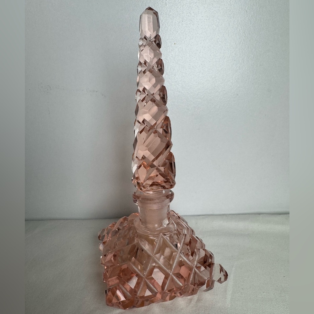 Amazing Vintage Pink Czech Cut Glass Pyramid Perfume Bottle w Stopper